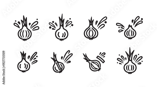 Set of Hand Drawn Onion Icons with Leafy Sprouts and Splashes Black and White Line Art