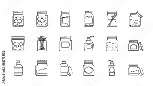 This vector graphic illustration features a comprehensive set of outline icons depicting various jars, bottles, and containers, perfect for packaging and storage design needs.