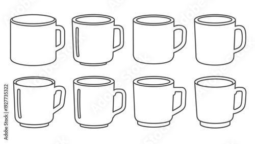 A collection of diverse vector graphic coffee mugs, presented as simple black and white line art illustrations, offering various design choices for beverages, perfect for hot drinks.