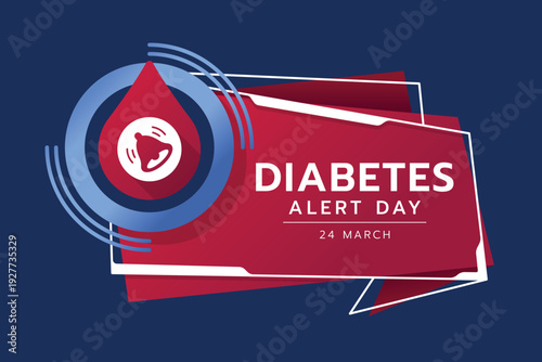 Diabetes alert day banner - Red blood drop with bell chime alarm in blue circle sign on red speech bubble and line frame vector design