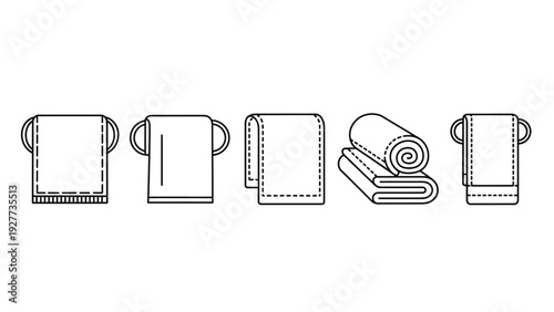 A versatile collection of line art vector graphic illustrations showcasing various folded and hanging towel arrangements for bathroom design elements