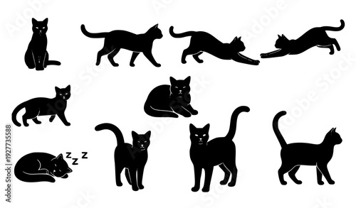 Black cat silhouette set vector collection of different feline poses isolated on white background