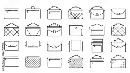 A bag and purse icon collection with different handbag clutch and pouch styles 