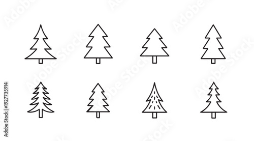 Set of stylized Christmas trees minimalist line art icons winter holiday vector graphics