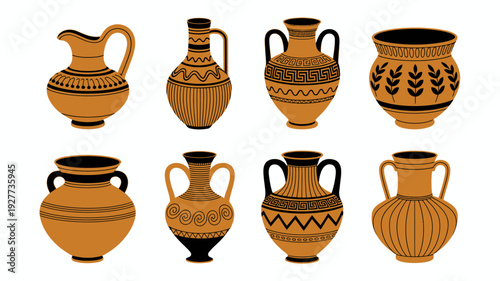 Collection of ancient Greek terracotta amphorae and vases with black geometric patterns