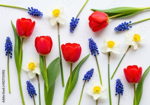 Assortment of red tulips, white daffodils, and blue grape hyacinths arranged across a bright surface