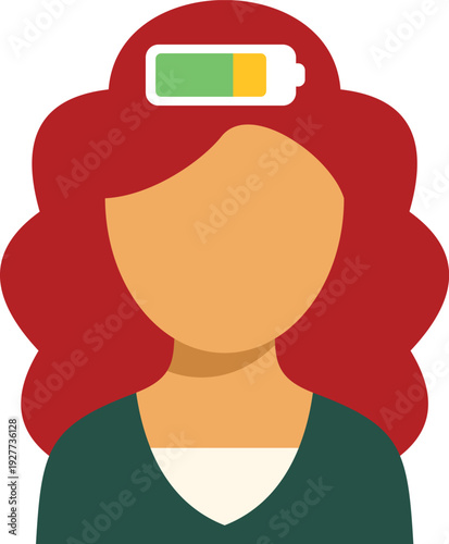 Woman's head with a battery icon representing energy levels, health, and burnout