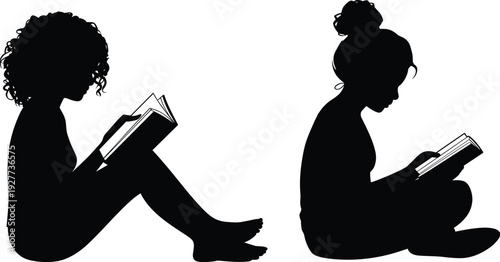 Women Reading Book Silhouette Set, Female Characters Sitting with Novel Isolated Education Flat Vector Illustration Collection