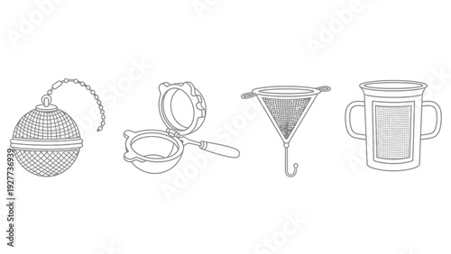 Collection of various black and white vector line art illustrations depicting different types of tea infusers and strainers designed for hot beverage preparation