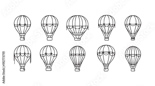 Ten Hot Air Balloons Line Art Pattern Isolated on White Background Simple Design