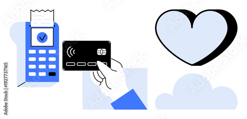 Digital payments, e-commerce, cloud technology, customer loyalty, financial transactions, fintech innovation. Hand holding a card near a payment terminal, with a heart and cloud. Digital payments