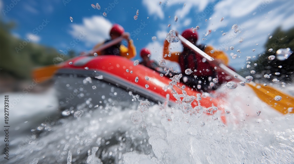 Fototapeta premium Rafting team paddling through river rapids on sunny day 