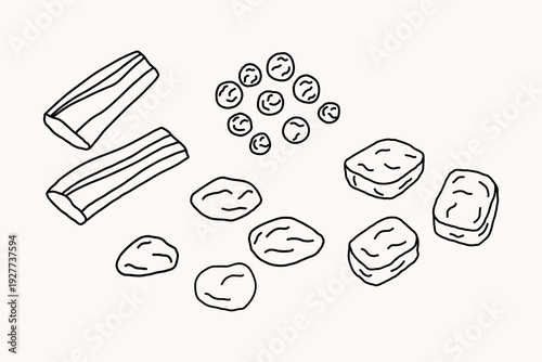 Soy meat products. Plant-based substitutes set, chunks and strips. Hand drawn doodle illustration of various vegan proteins.
Line art sketch of meat alternatives for vegetarian and vegan diets 
