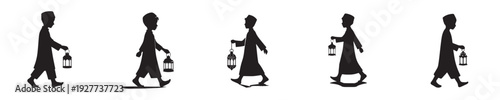 silhouette vector of a Muslim little boy walking holding a Ramadan lantern