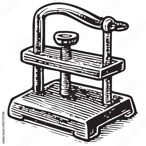 Vintage Bookbinding Press Screw Clamp Black and White Line Art Illustration Isolated