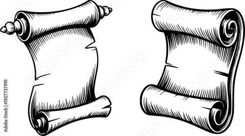 Vintage parchment scrolls with detailed hatching a white background antique paper