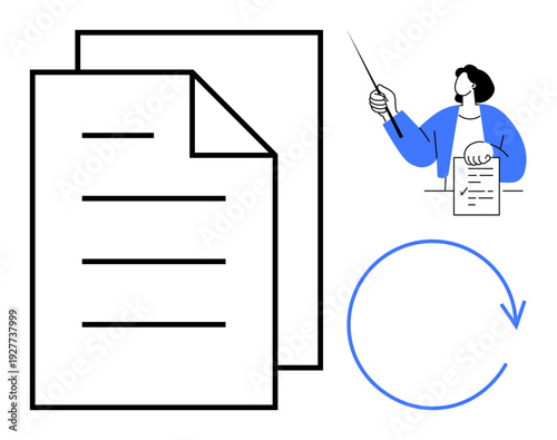 Large document stack, person presenting with a report and pointer, circular arrow icon. Ideal for workflow, education, documentation, review, data analysis, process simplification teamwork concepts
