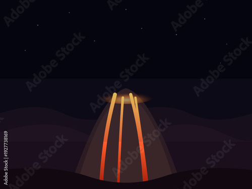 Volcano Eruption at Night - Lava Flowing from Volcanic Cone with Starry Sky, Geological Illustration