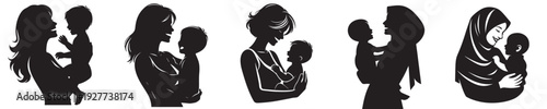 vector silhouette of a happy mother carrying her child