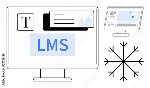 E-learning, online education, digital platforms, user interface, content organization, technology. A computer screen with LMS text, design elements and interface. E-learning and online education
