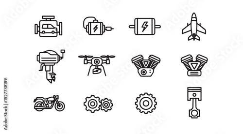 Vector Icons of Mechanical Components and Vehicles on White Background