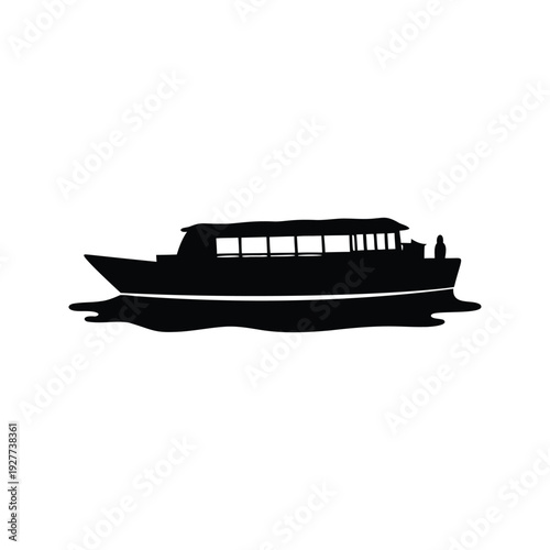 tour boat cruising river silhouette vector illustration, Modern passenger ferry boat silhouette vector illustration with sleek design and multiple decks for river or lake travel