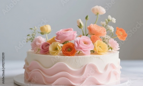 Minimal Spring Celebration Cake with Pastel Buttercream Flowers and Soft Sunlight