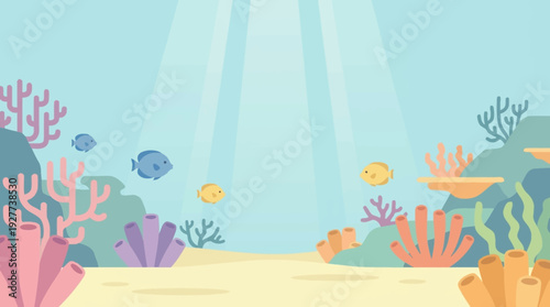 A colorful coral reef underwater scene with tropical fish clear blue water soft light rays sandy ocean floor clean minimal vector illustration flat design calm atmosphere uncluttered composition