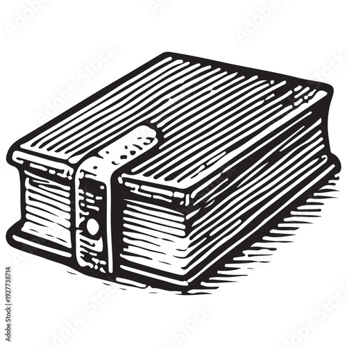 Vintage Antique Book with Clasp Black White Line Art Illustration Isolated