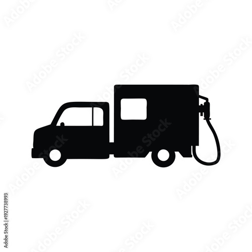 truck refueling at station silhouette vector illustration, Minimalist delivery truck with fuel pump silhouette vector illustration for logistics and transport design