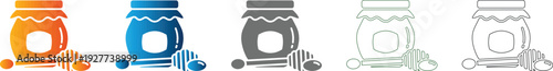Sweet Golden Honey Jar with Dipper Flat Design Icon Set Isolated Vector Illustration