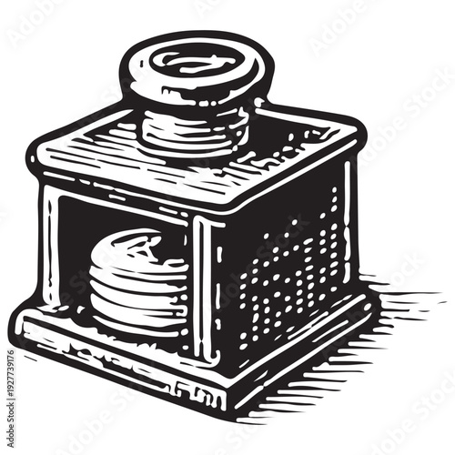 Vintage Inkwell Black and White Line Art Illustration Isolated