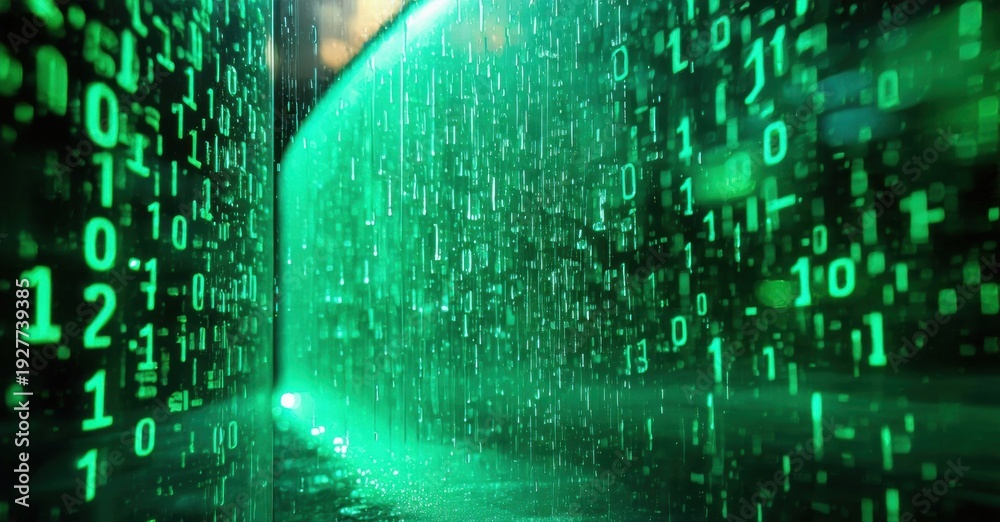 Fototapeta premium Digital rain effect, green code cascading down dark background. Futuristic tunnel view, data stream visualization. Intense, vibrant imagery.