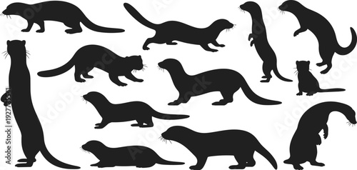 Otter silhouette collection set, playful river animal poses isolated black wildlife mammal vector illustration bundle
