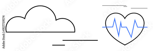 Cloud outline and heart with heartbeat line symbolize cloud technology, digital health, connection. Ideal for healthcare, telemedicine, connectivity, technology, software, wellness cloud solutions