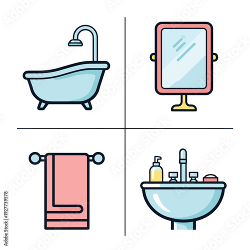 Bathroom essentials illustration, including bathtub, mirror, towel rack, and sink.
