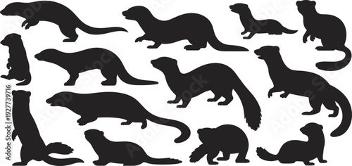 Otter silhouette collection set, playful river and sea otter poses isolated black wildlife mammal vector illustration bundle