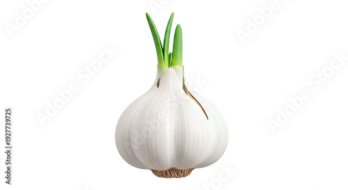 Garlic bulb with green sprouts on white background