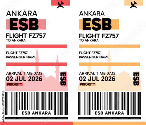 ESB, Ankara, Turkey luggage label, boarding pass template. Vector minimalist illustration with airport code, city destination, flight info. Flat, modern image layout