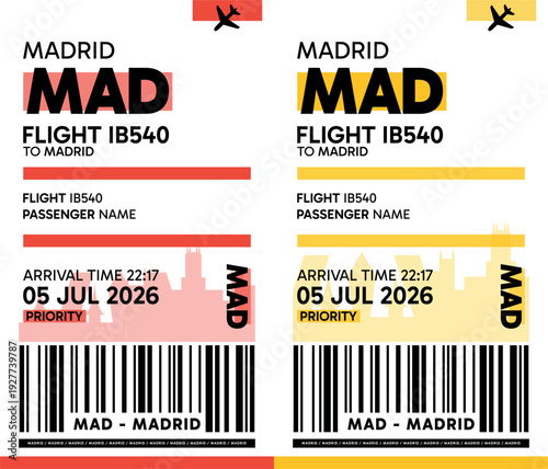MAD, Madrid, Spain luggage label, boarding pass template. Vector minimalist illustration with airport code, city destination, flight info. Flat, modern image layout