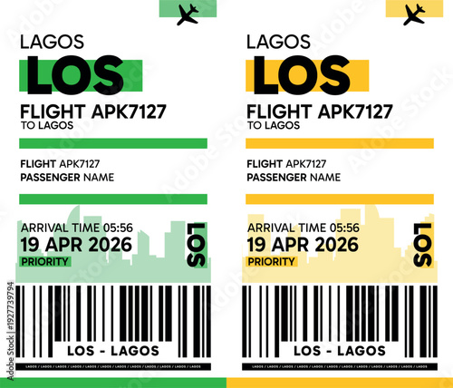 LOS, Lagos, Nigeria luggage label, boarding pass template. Vector minimalist illustration with airport code, city destination, flight info. Flat, modern image layout
