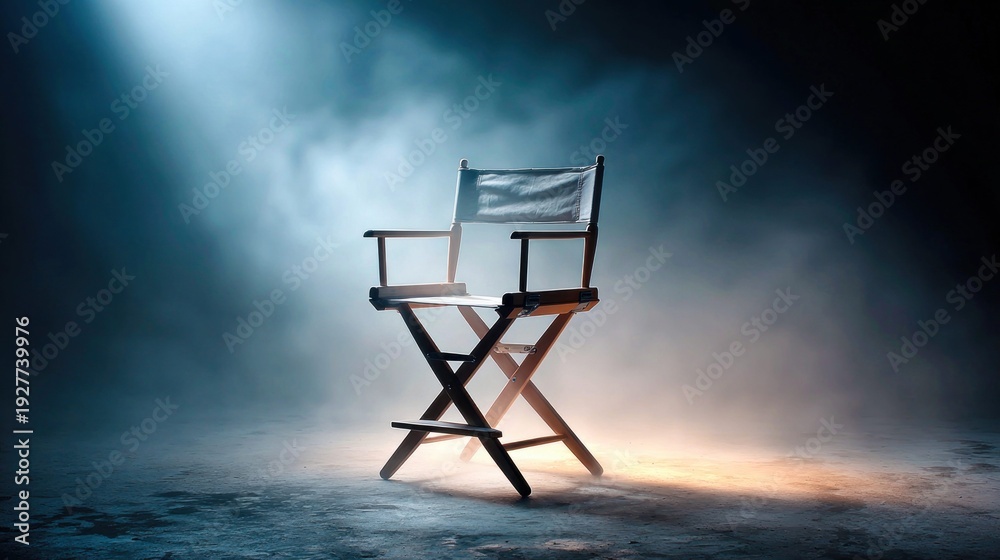 Fototapeta premium Director's chair illuminated by dramatic spotlight and smoke on a dark stage