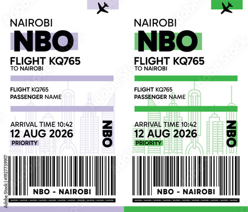 NBO, Nairobi, Kenya luggage label, boarding pass template. Vector minimalist illustration with airport code, city destination, flight info. Flat, modern image layout