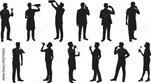 People Drinking Wine Silhouette Set, Men and Women Holding Glass and Bottle Isolated Flat Vector Illustration Collection