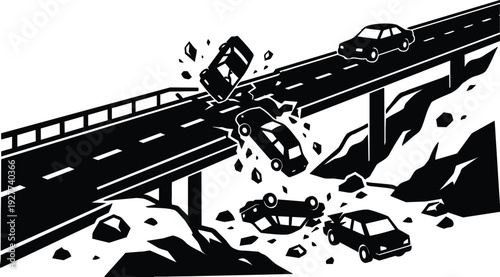 Flat design dramatic bridge collapse with cars falling over edge close up roadside crash scene high contrast silhouette aerial view