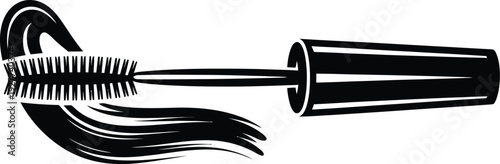 Stylized illustration of a mascara wand with flowing lashes or hair, representing beauty, cosmetics, and makeup.