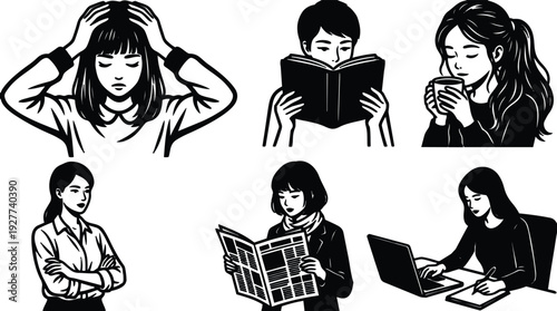Line art vector set of six women reading drinking working and stressed poses close up minimal black and white illustrations
