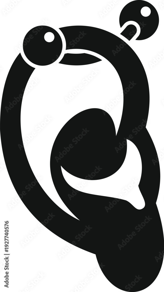 Obraz premium Human ear showing a cartilage piercing as a black silhouette icon