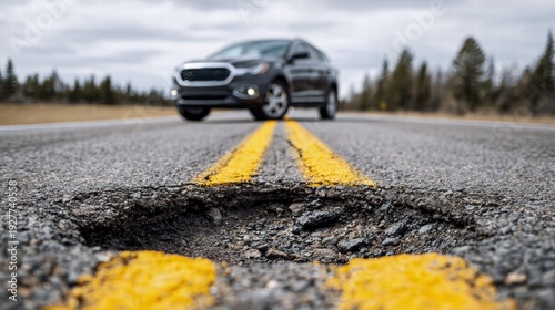 Car driving on a road with a pothole