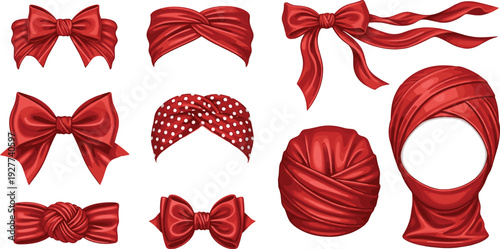 Red headscarf and bow collection glossy silk ribbon head wrap vintage fashion accessory vector illustration set